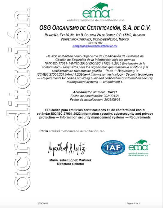 ISO IEC 27001 2022 SISTEMA DE GESTIÓN PARA LA SEGURIDAD DE LA INFORMACIÓN osg organismo de certificacion